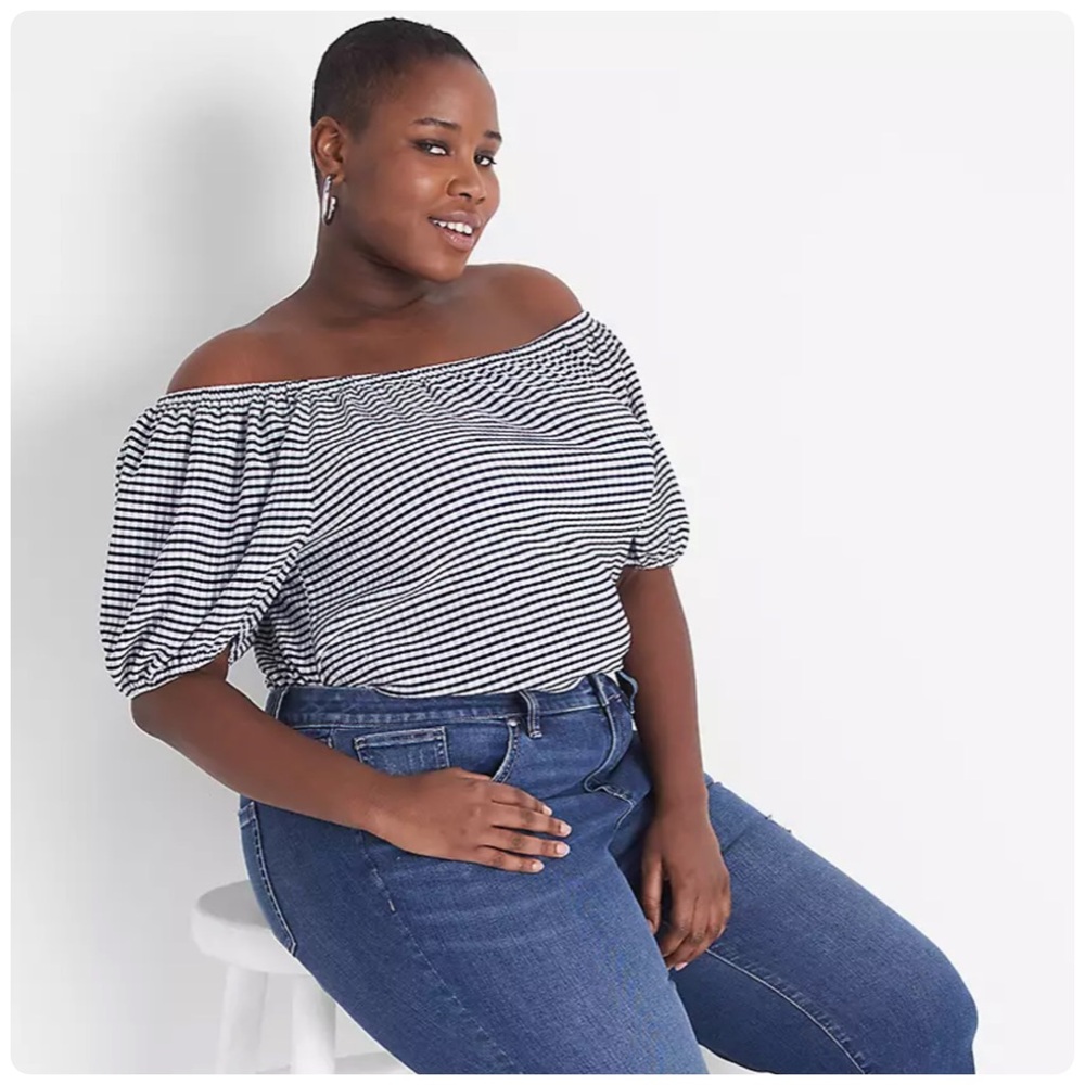 Lane Bryant Gingham Plaid Puff Sleeve Convertible Top